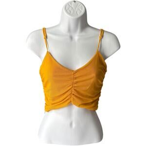 Heart & Hips ruched mesh cami crop top mustard yellow adjustable straps S Y2K